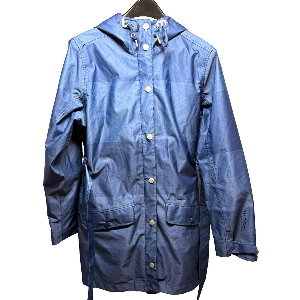 Helly Hansen Lyness Rain Coat Womens Large Blue Stripe Waterproof Trench Jacket